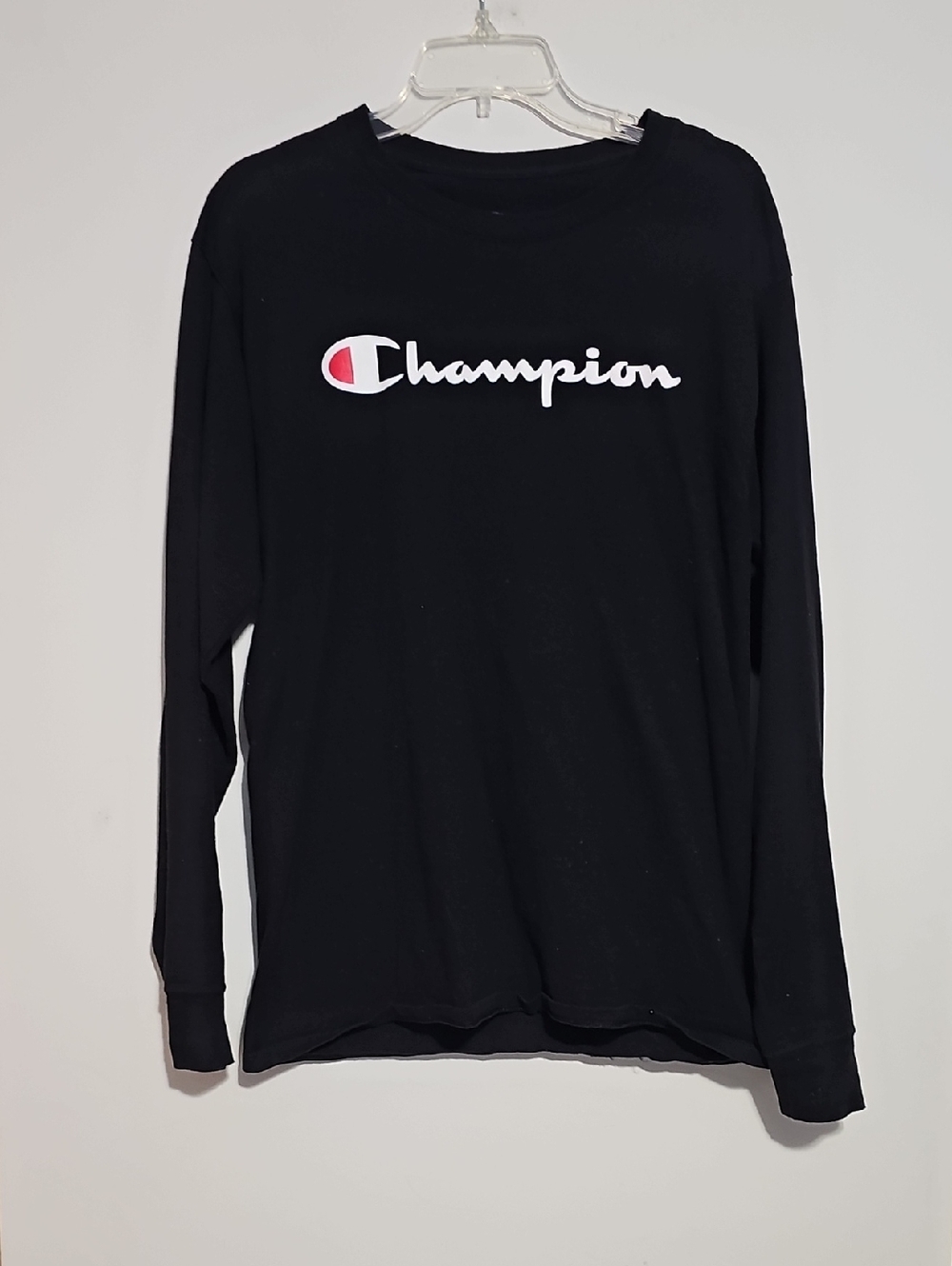 Champion Black Long Sleeve Script Logo Shirt Sz Medium 100% Cotton